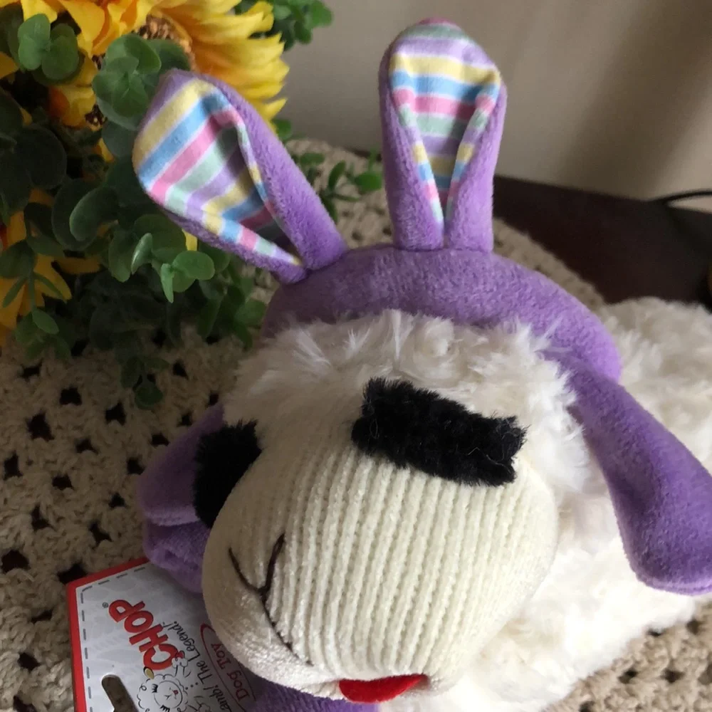 Easter Plush Lamb Chop Dog Toy with Purple Ears